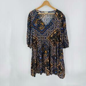 Loralette Boho Print Dress Size 18/20 Blue Gold Paisley Puff Sleeve Tunic